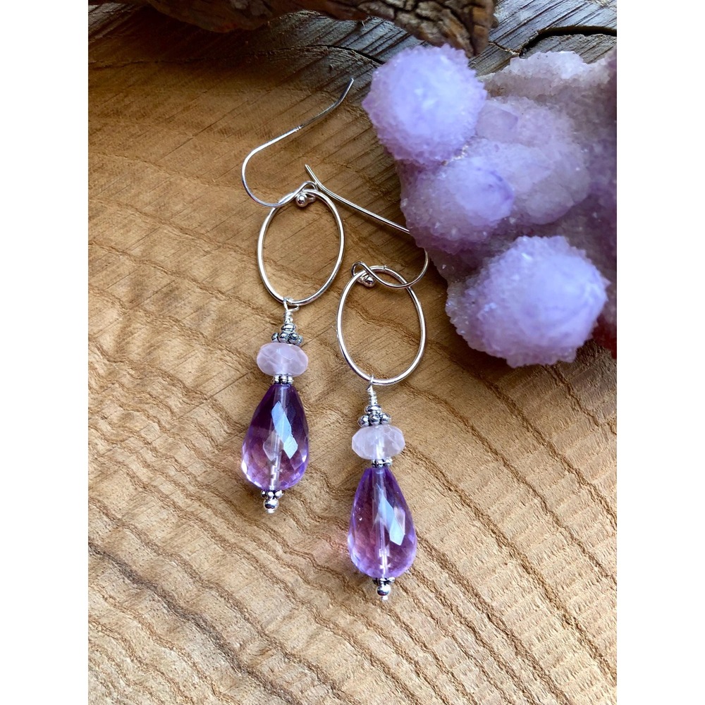 Handmade Amethyst Sterling Silver Dangle Earrings Rose‎ Quartz Accent Modern